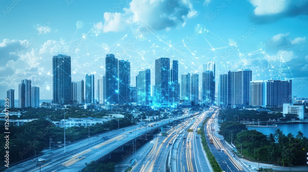 Fototapeta premium Connected Cityscape: A Networked Urban Skyline with Modern Technology