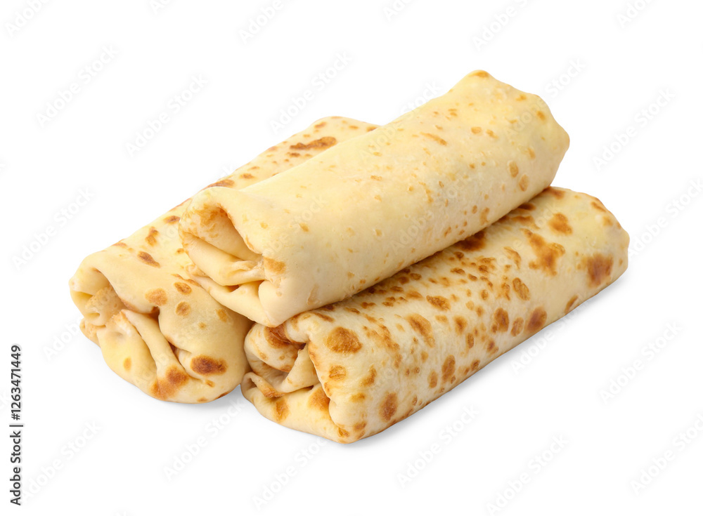 Three delicious rolled crepes isolated on white Three delicious rolled crepes isolated on white
