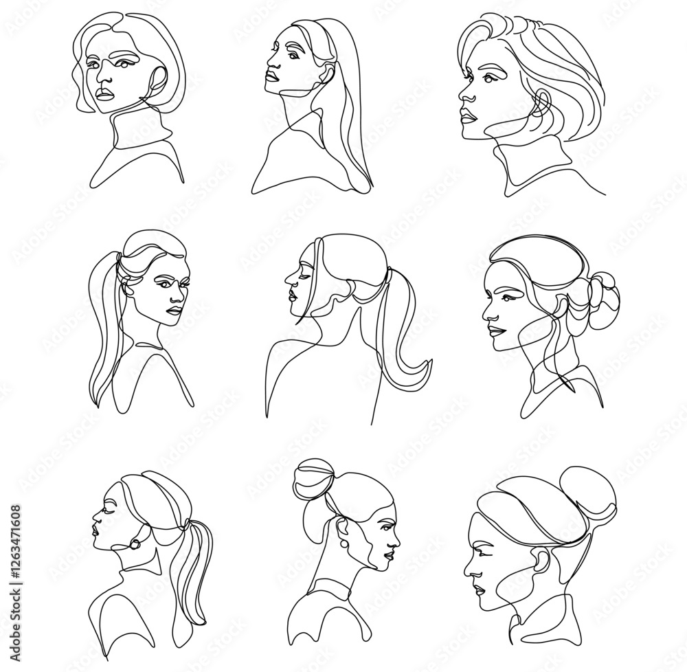 Set minimalist of Woman Face Portrait Continuous One Line Drawing. Female Portrait Beautiful Outline Drawing Line Art in modern style. Set minimalist of Woman Face Portrait Continuous One Line Drawing. Female Portrait Beautiful Outline Drawing Line Art in modern style.