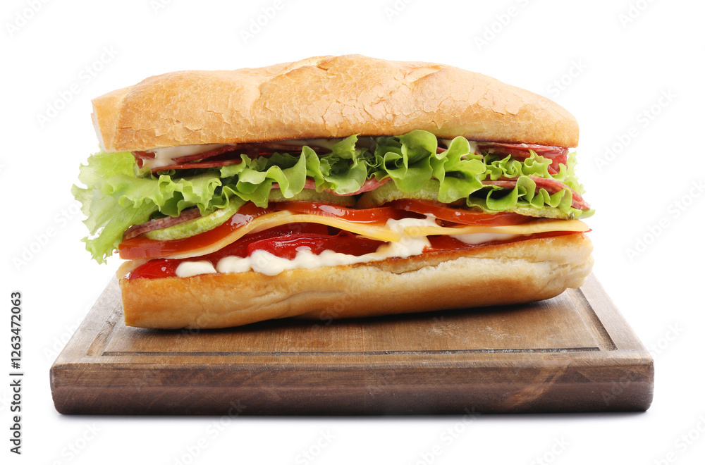 Delicious baguette sandwich with salami and cheese isolated on white Delicious baguette sandwich with salami and cheese isolated on white