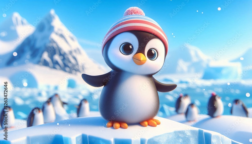 Obraz premium A cute cartoon penguin in a striped hat stands on ice, surrounded by snowy mountains and fellow penguins.