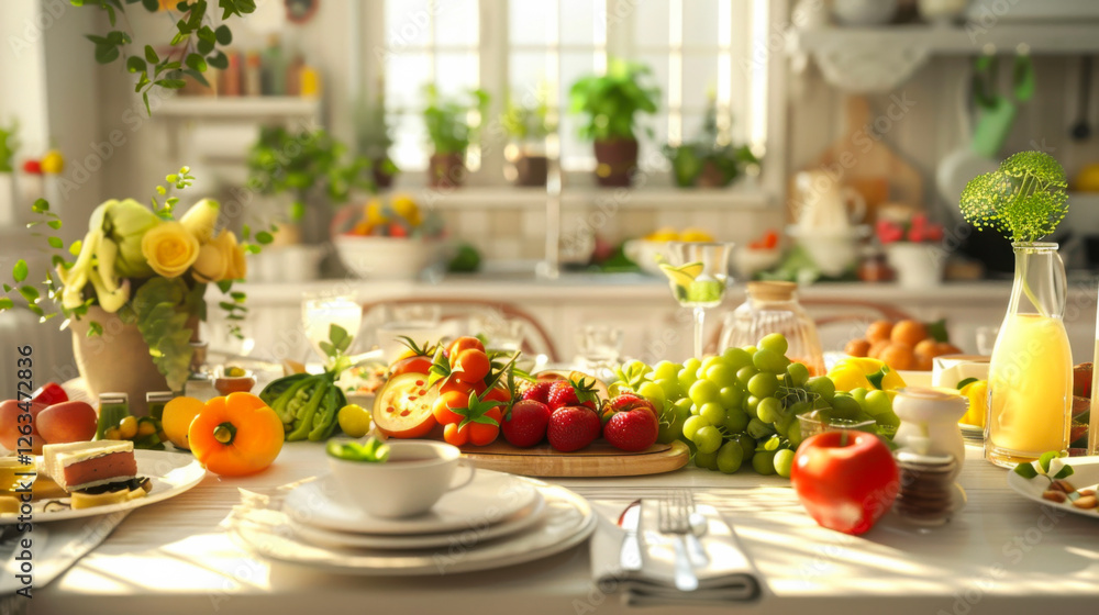 Beautifully arranged fresh fruits and vegetables on a kitchen table with drinks and tableware during daylight Beautifully arranged fresh fruits and vegetables on a kitchen table with drinks and tableware during daylight