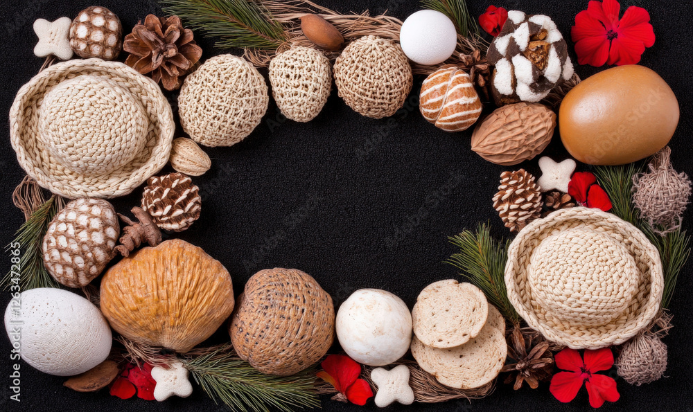 Rustic Nature-Inspired Decorative Wreath with Natural Elements, Festive Accents, and Unique Textures on Dark Background for Seasonal Decor Rustic Nature-Inspired Decorative Wreath with Natural Elements, Festive Accents, and Unique Textures on Dark Background for Seasonal Decor