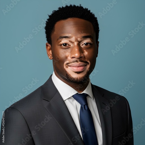 Portrait of a Confident Black Businessman with Vitiligo in Formal Suit Against Blue Background