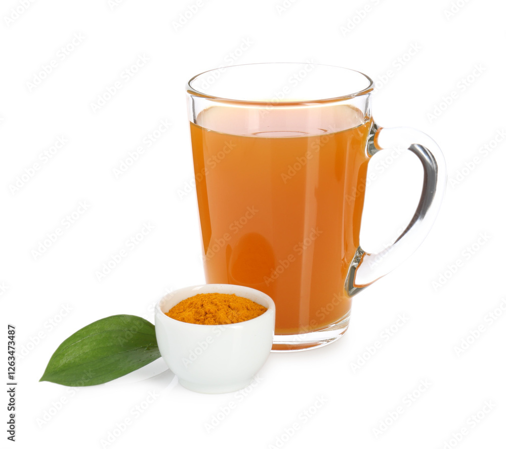 Aromatic turmeric tea in glass cup, powder and green leaf isolated on white Aromatic turmeric tea in glass cup, powder and green leaf isolated on white