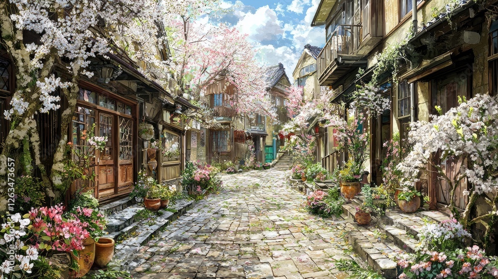 Fototapeta premium Cobblestone street, spring blossoms, quaint shops, sunny day, travel background