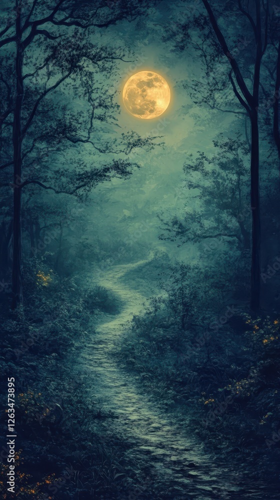 A winding path leads through a mystical forest at night A winding path leads through a mystical forest at night