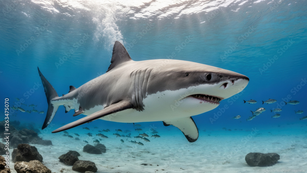 Fototapeta premium Underwater photo of a great white shark in its natural habitat. Captures its power and grace, with schools of fish in the background. Ideal for ocean enthusiasts.