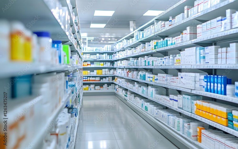 Fototapeta premium A well-organized pharmacy aisle featuring shelves stocked with a variety of medications and health products, showcasing a clean and modern environment for customer convenience.