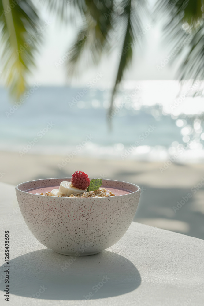 Indulge in a Refreshing Tropical Smoothie Bowl with Raspberry, Banana, and Granola, Perfectly Set Against a Seaside Background for a Deliciously Healthy Breakfast Experience Indulge in a Refreshing Tropical Smoothie Bowl with Raspberry, Banana, and Granola, Perfectly Set Against a Seaside Background for a Deliciously Healthy Breakfast Experience
