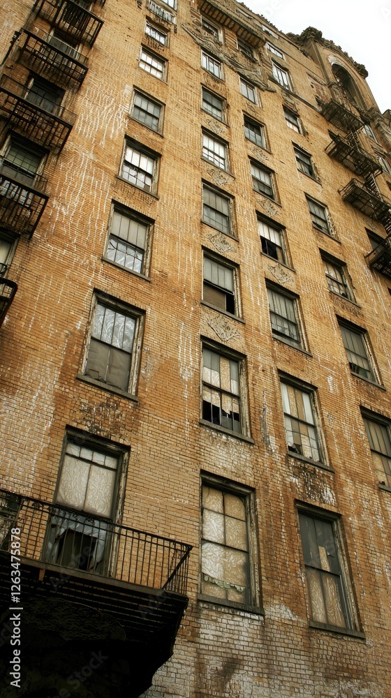Obraz premium Old city apartment building, exterior, urban decay, low angle
