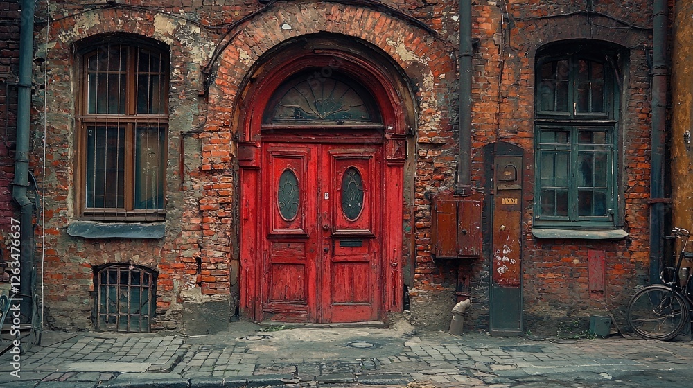 Red door, brick building, alleyway, urban decay, historical architecture, stock photo Red door, brick building, alleyway, urban decay, historical architecture, stock photo