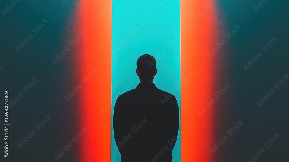 Contemplative individual in a dark room surrounded by vibrant colors emotional atmosphere abstract viewpoint Contemplative individual in a dark room surrounded by vibrant colors emotional atmosphere abstract viewpoint