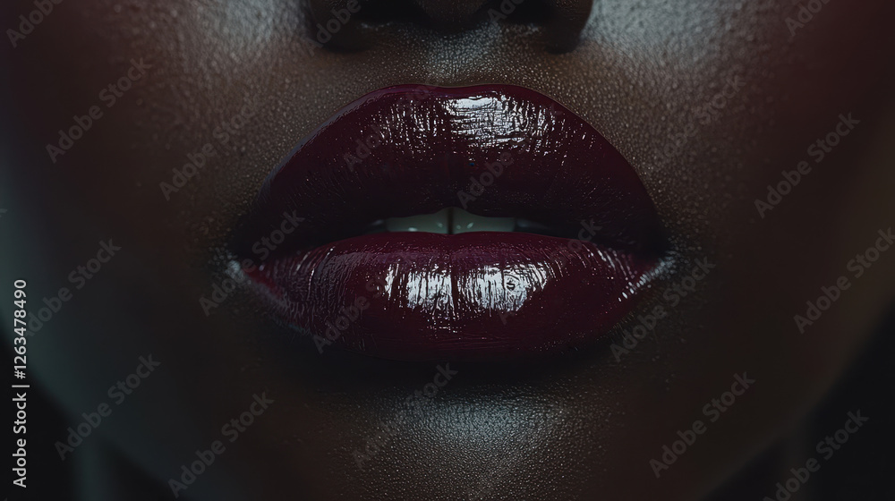 Obraz premium Close-up of model's lips showcasing glossy deep burgundy lipstick in cinematic lighting with flawless texture and rich color saturation