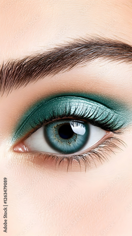 Obraz premium Close-up of a blue woman's eye with green makeup applied for beauty advertising. Generative AI