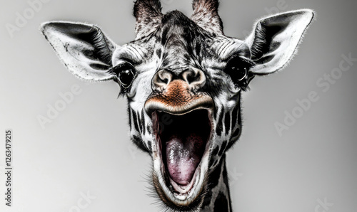 A striking depiction of a roaring giraffe highlighting its unique features, capturing the wild spirit of nature in a vivid and expressive portrait that enthralls animal lovers.