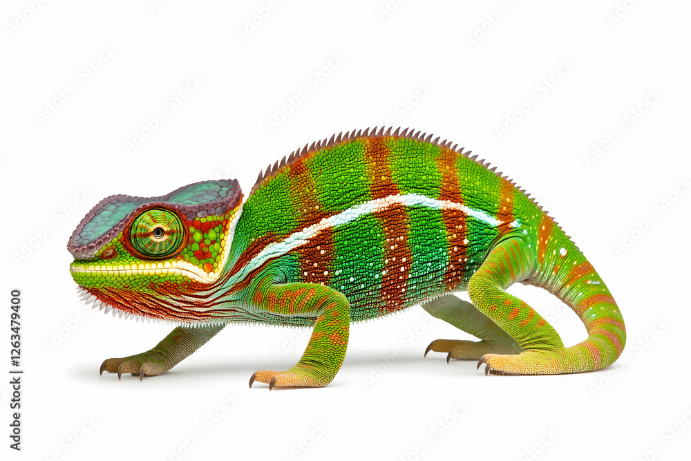 Obraz premium Colorful Chameleon Walking on White Background for Biology Education and Nature. Generative AI