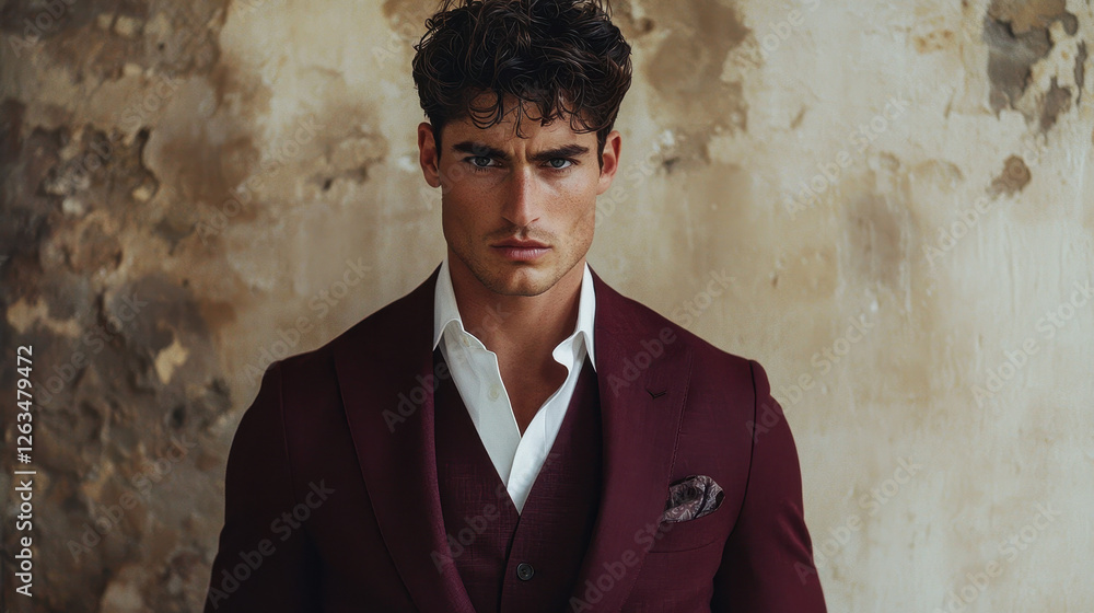 Bold confidence exudes from a high-end fashion model in a tailored burgundy suit against a minimalistic backdrop highlighting luxurious businesswear elegance Bold confidence exudes from a high-end fashion model in a tailored burgundy suit against a minimalistic backdrop highlighting luxurious businesswear elegance