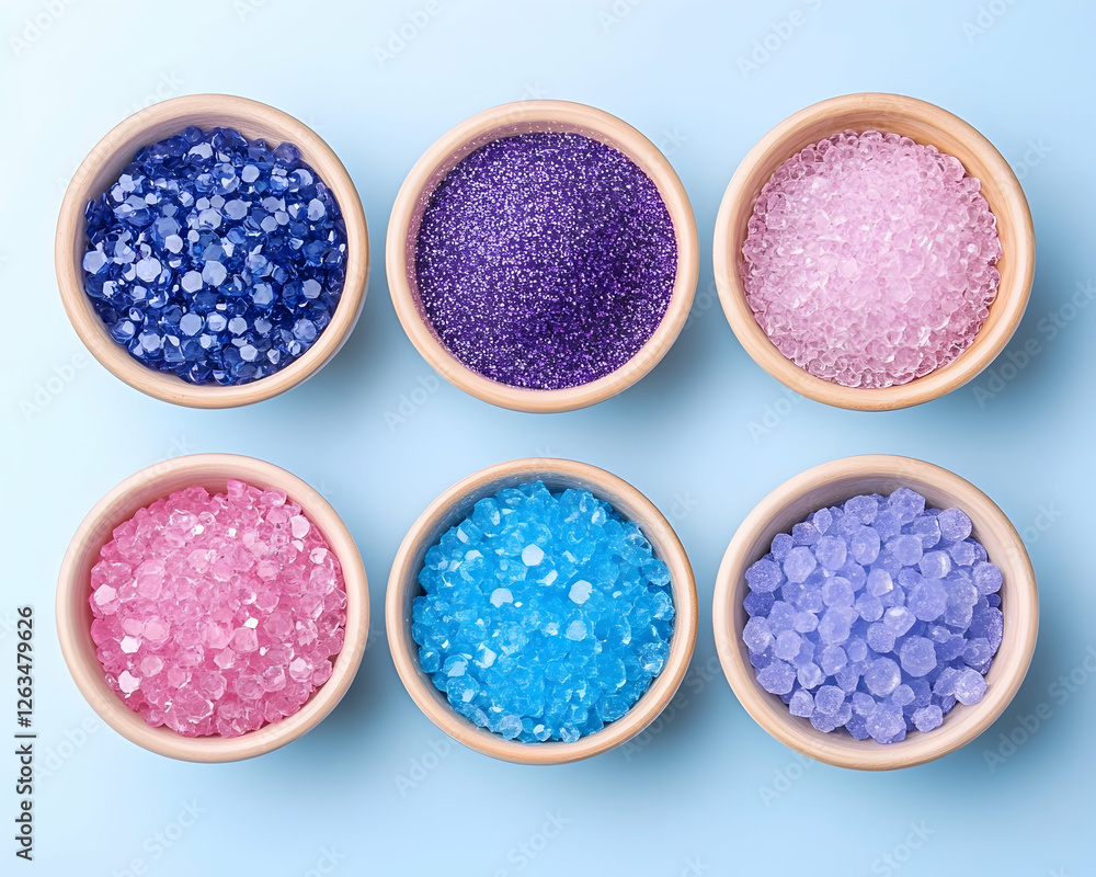 Colorful sugar crystals in bowls arranged overhead on blue for baking, sweets. Generative AI Colorful sugar crystals in bowls arranged overhead on blue for baking, sweets. Generative AI