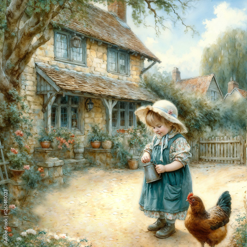 A little girl feeds a chicken from a jar. The action takes place in front of a house with a veranda. English watercolor with detailed painting with soft colors and tranquil atmosphere