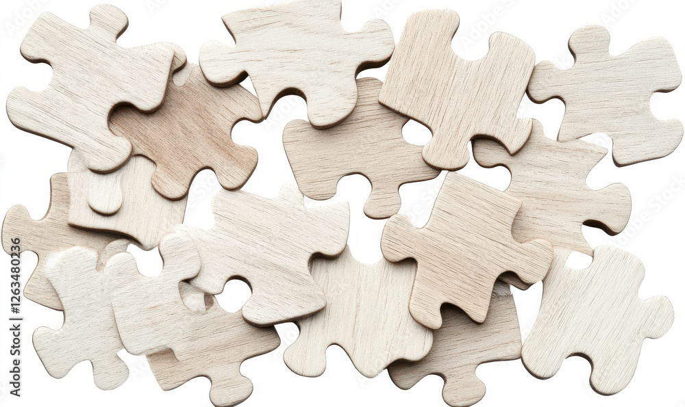 A Collection of Unfinished Wooden Puzzle Pieces Arranged in a Random Pattern on a White Background for Creative and Educational Purposes A Collection of Unfinished Wooden Puzzle Pieces Arranged in a Random Pattern on a White Background for Creative and Educational Purposes