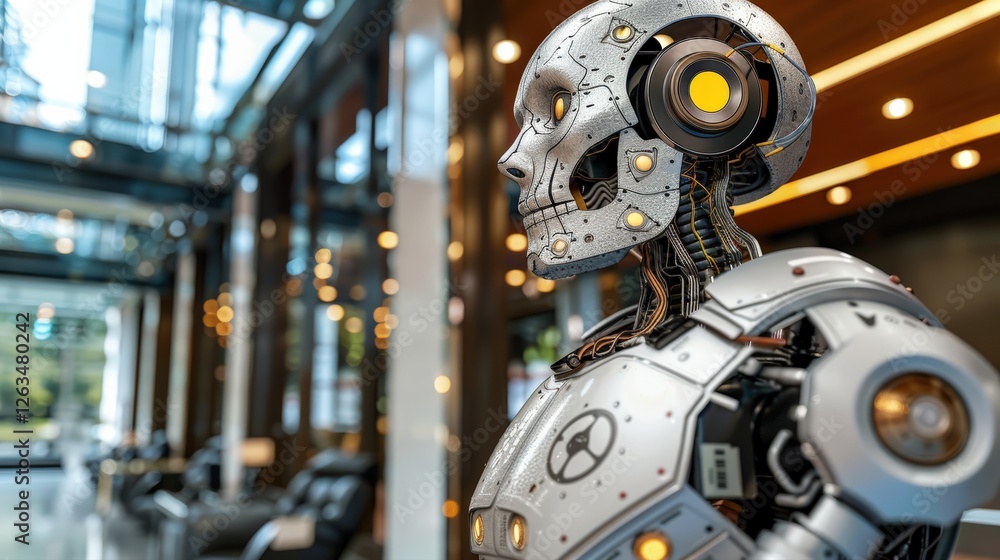 Fototapeta premium Highly advanced humanoid robot standing in modern high-tech facility, cybernetic design, metallic components, mechanical details, glowing circuits, futuristic innovation, robotics technology.