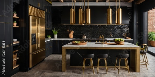 Modern Black and Gold Kitchen Design with Island photo