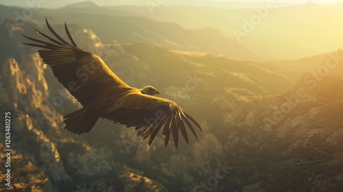Soaring vulture flying over a mountainous landscape during sunset