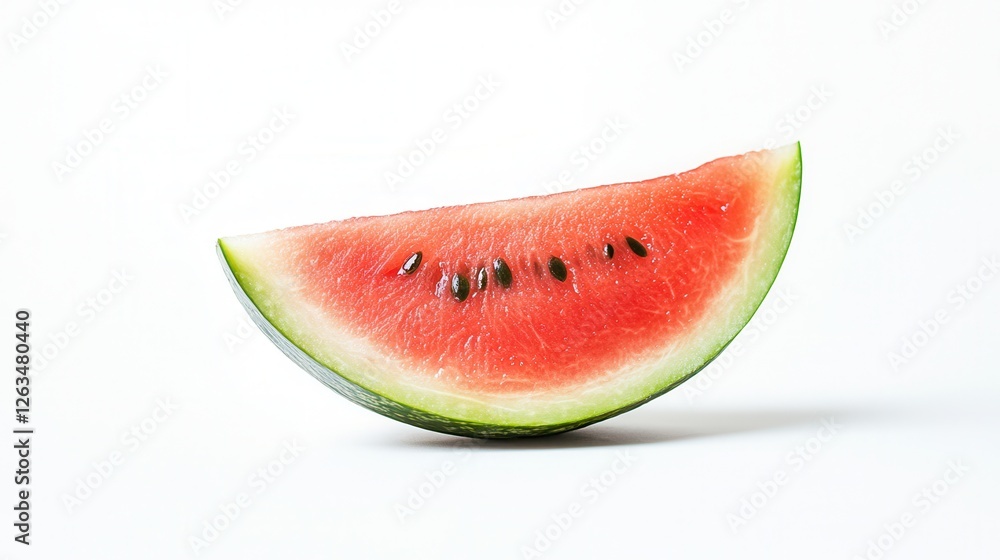 A vibrant slice of watermelon rests on a clean white surface, showcasing its juicy red flesh and green rind, inviting a refreshing taste. A vibrant slice of watermelon rests on a clean white surface, showcasing its juicy red flesh and green rind, inviting a refreshing taste.