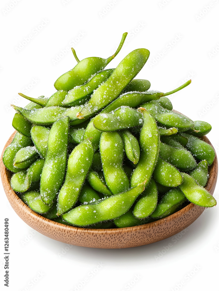 Edamame in wooden bowl, sprinkled with salt, against white for healthy snack. Generative AI