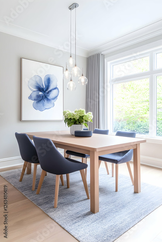 Wallpaper Mural Dining area with wooden table and navy chairs inside a bright home, for interior design. Generative AI Torontodigital.ca