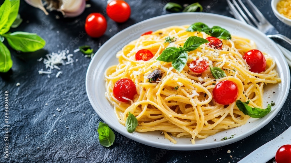 The plate of fettuccine pasta with octopus and seafood in a creamy white wine sauce, garnished with fresh greens and Parmesan.
The plate of fettuccine pasta with octopus and seafood in a creamy white wine sauce, garnished with fresh greens and Parmesan.