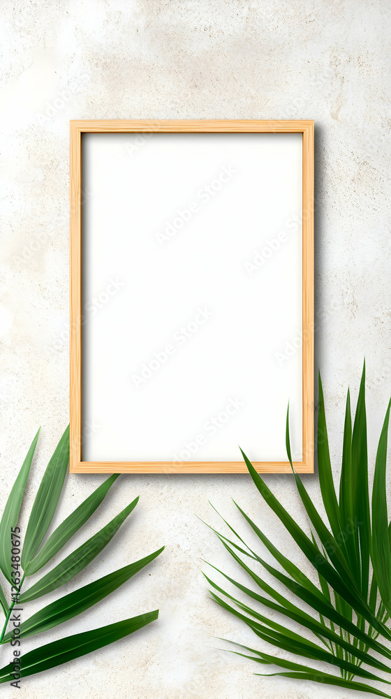 Empty wooden frame mock-up with green leaves, for design presentation or display. Generative AI