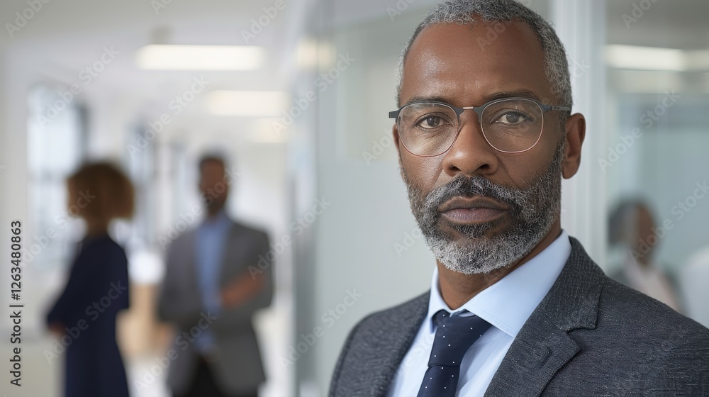 Confident senior African American businessman with glasses gray beard wearing formal suit standing in a modern office environment representing leadership, professionalism, and corporate success Confident senior African American businessman with glasses gray beard wearing formal suit standing in a modern office environment representing leadership, professionalism, and corporate success