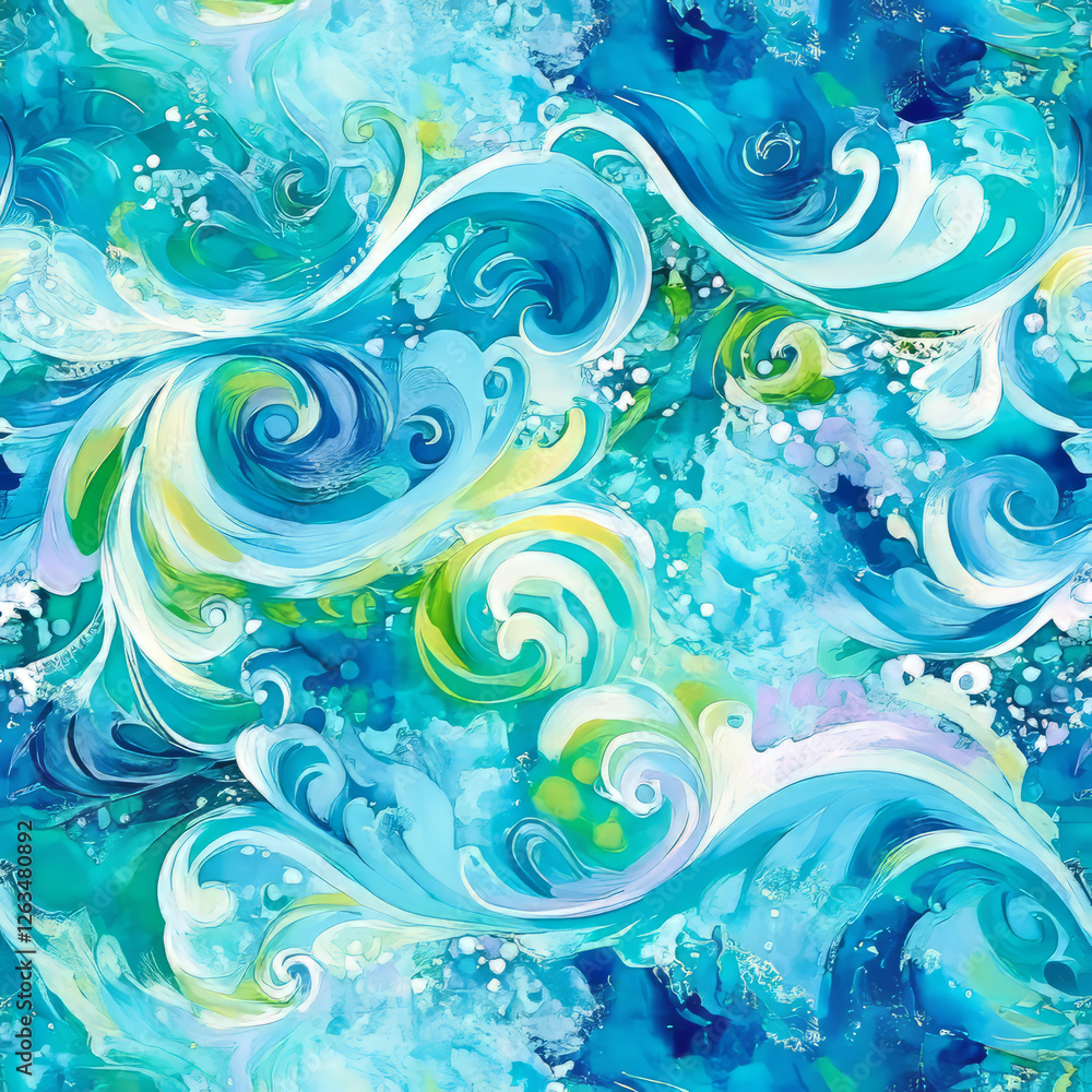 A colorful ocean wave illustration featuring playful swirling shapes in shades of blue, turquoise, and emerald. The vibrant, artistic design captures the energy of tropical waters, perfect for A colorful ocean wave illustration featuring playful swirling shapes in shades of blue, turquoise, and emerald. The vibrant, artistic design captures the energy of tropical waters, perfect for