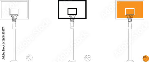 Set of basketball backboard, ring and net in different colors with its ball