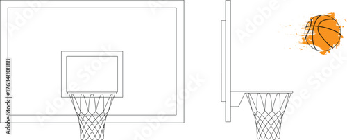 Basketball backboard (basket), orange ball - Side and front elevation