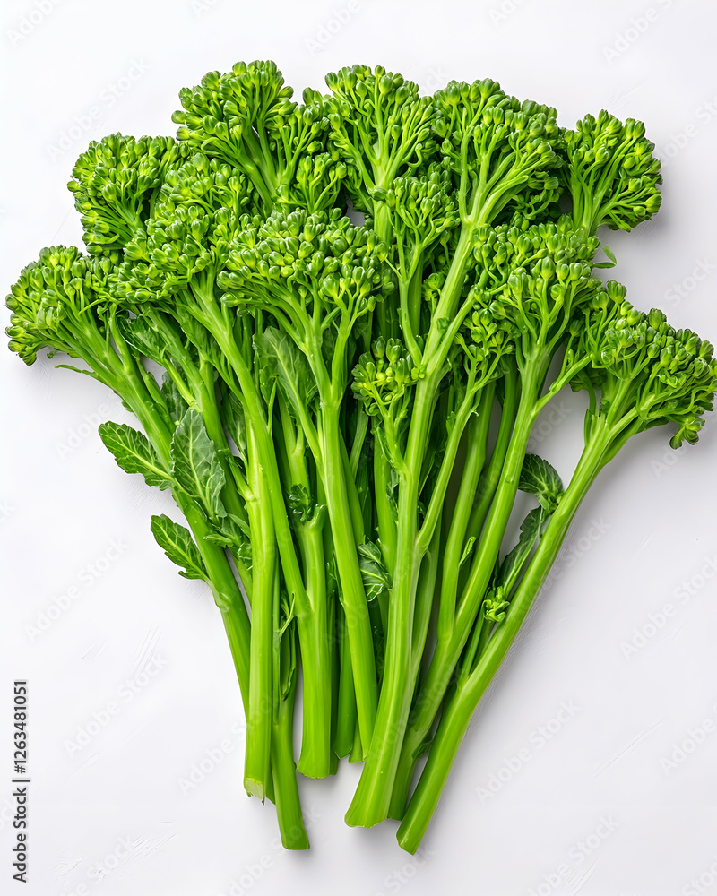 Fresh broccolini bundle on a white background, use in food and nutrition content. Generative AI Fresh broccolini bundle on a white background, use in food and nutrition content. Generative AI