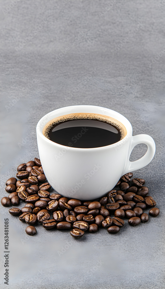Fototapeta premium Fresh coffee in a white mug surrounded by coffee beans on a grey surface. Generative AI