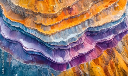 Aerial view of multicolored geological layers showing distinct color patterns and textures