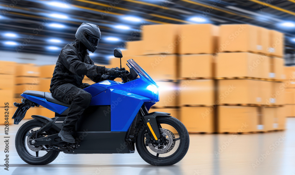 Fototapeta premium Dynamic rider on electric motorcycle in an industrial warehouse setting with blurred background of brown cardboard boxes and a sleek design that emphasizes speed and modernity