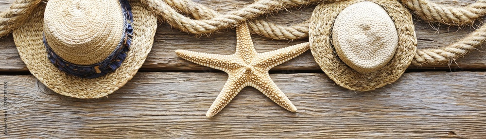 Summer hats, starfish, rope on wood; beach vacation Summer hats, starfish, rope on wood; beach vacation