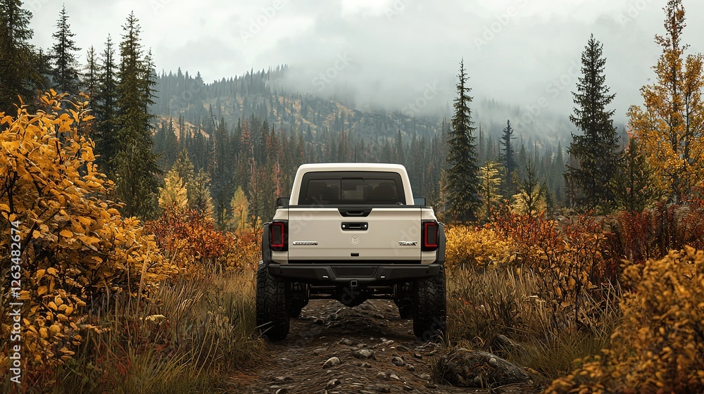 Offroad truck adventure through rugged terrain in autumn forest landscape Offroad truck adventure through rugged terrain in autumn forest landscape