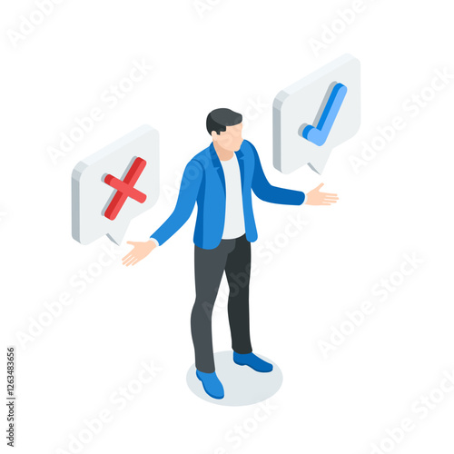 isometric vector business man and cross and check mark icons, in color on white background, approval or rejection