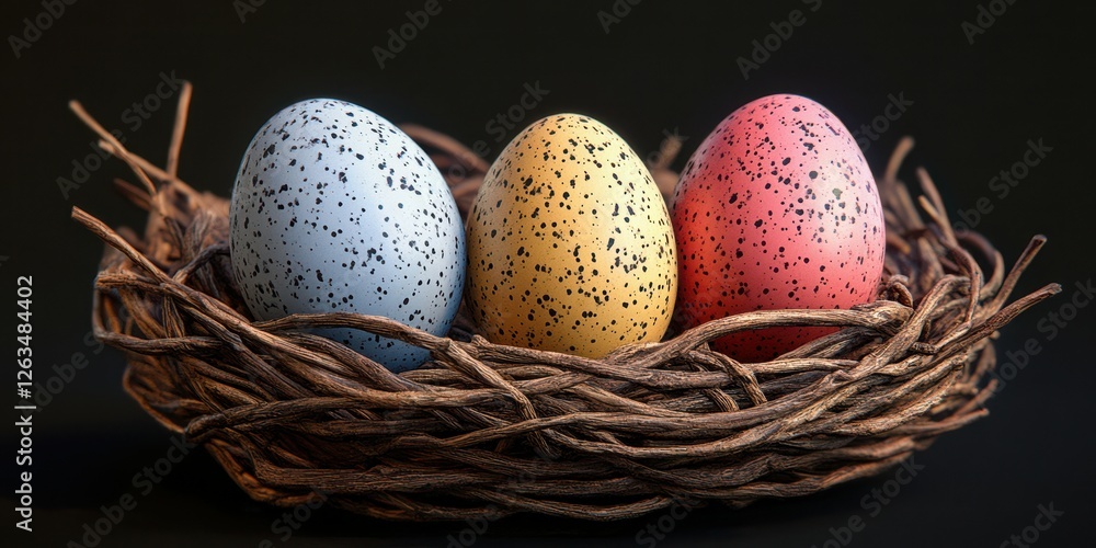 Colorful speckled eggs resting in a woven nest on a dark background during the spring season Colorful speckled eggs resting in a woven nest on a dark background during the spring season