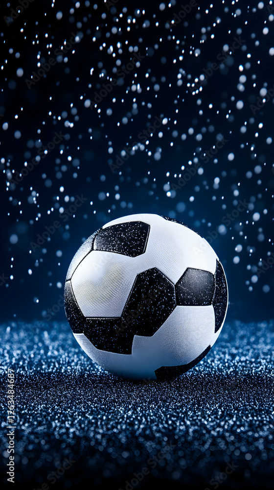 Fototapeta premium Soccer ball sits under falling rain for sports advertisement or wallpaper use. Generative AI