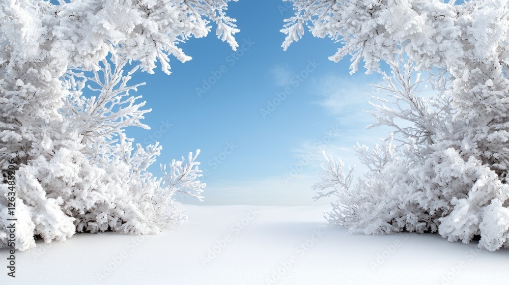 Snowy winter landscape, trees, blue sky, empty space, background, digital art, nature scene, use in design or greeting card Snowy winter landscape, trees, blue sky, empty space, background, digital art, nature scene, use in design or greeting card