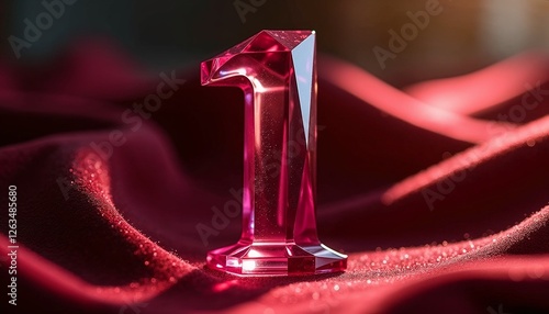 Stylish number one made of ruby on a flowing red fabric background, perfect for celebrations