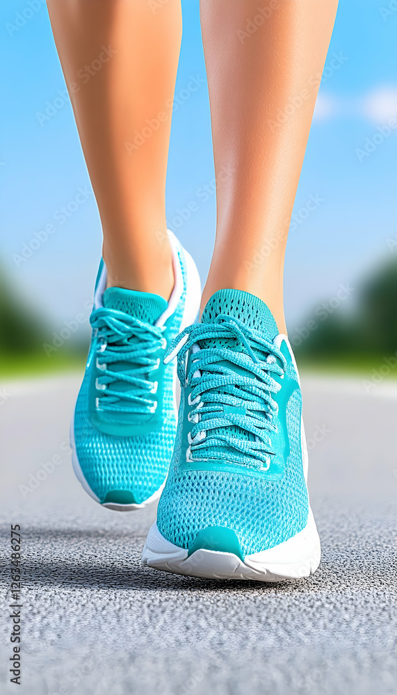 Woman walks on path outdoors in athletic shoes; nature background for fitness blog. Generative AI Woman walks on path outdoors in athletic shoes; nature background for fitness blog. Generative AI