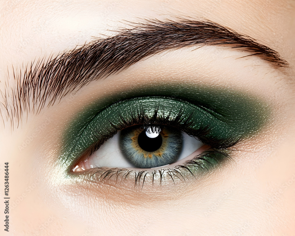 Obraz premium Woman's eye with green eyeshadow. Cosmetic product for beauty blog or makeup tutorials. Generative AI